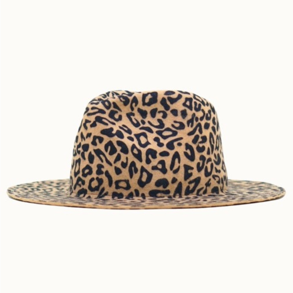 Leopard Print Wide-Brim Fedora Hat - Tan/Black New